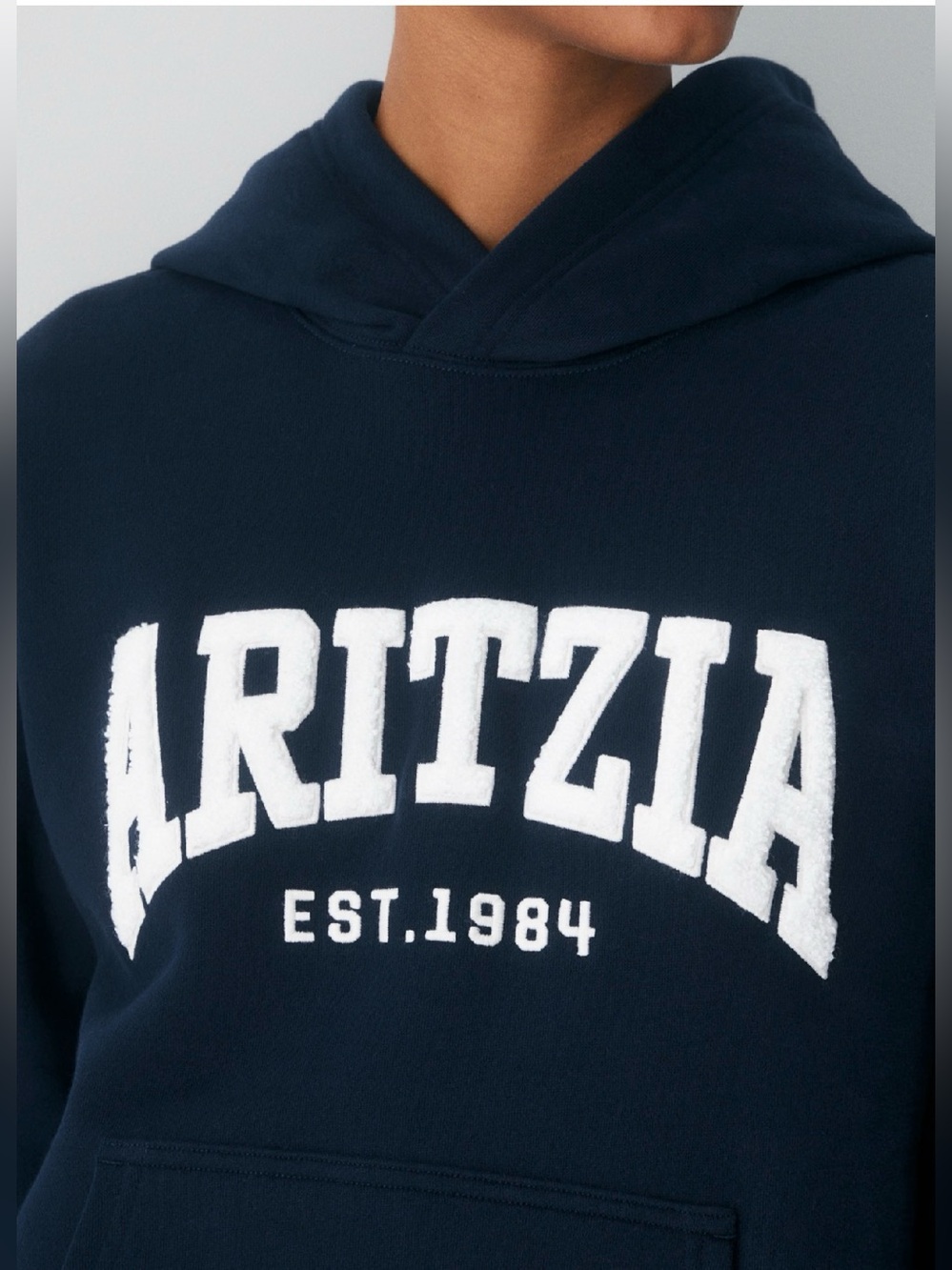 Aritzia Navy Hoodie with White Chenille Logo - Picture 3 of 6